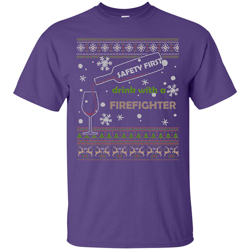 Inktee Store - Ugly Christmas Safety First Drink With A Firefighter Men’s T-Shirt Image