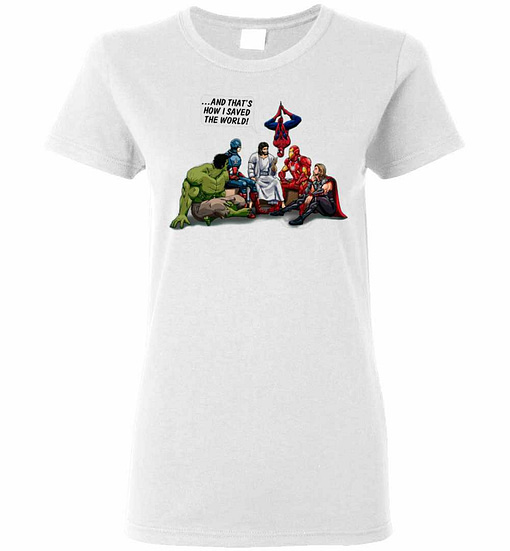 Inktee Store - Jesus And Superheroes That'S How I Saved The World Christian Funny Women'S T-Shirt Image