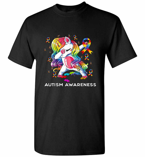 Inktee Store - Dabbing Unicorn Puzzle Ribbon Autism Awareness Men'S T-Shirt Image