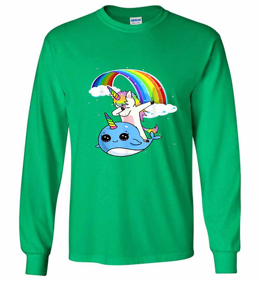Inktee Store - Dabbing Unicorn With Narwhal And Rainbow Cute Long Sleeve T-Shirt Image