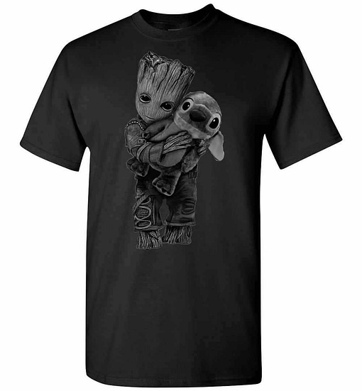 Inktee Store - Baby Groot Hugs Stitch Men'S T-Shirt Image