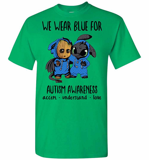 Inktee Store - Baby Groot And Toothless We Wear Blue For Autism Men'S T-Shirt Image