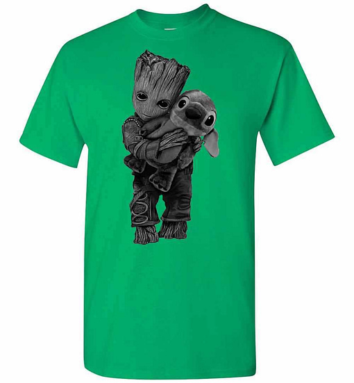Inktee Store - Baby Groot Hugs Stitch Men'S T-Shirt Image