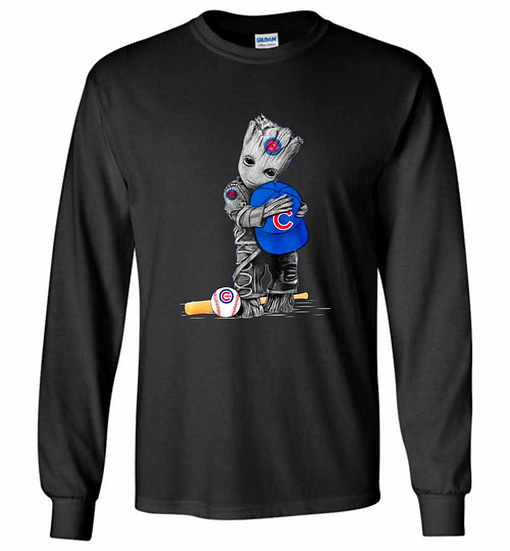 Inktee Store - Baby Groot Hug Chicago Cubs Hat Long Sleeve T-Shirt Image