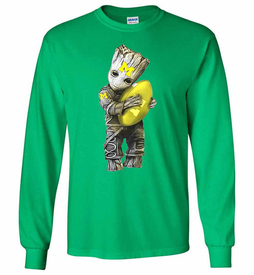Inktee Store - Baby Groot Hugs Michigan Wolverines Football Long Sleeve T-Shirt Image