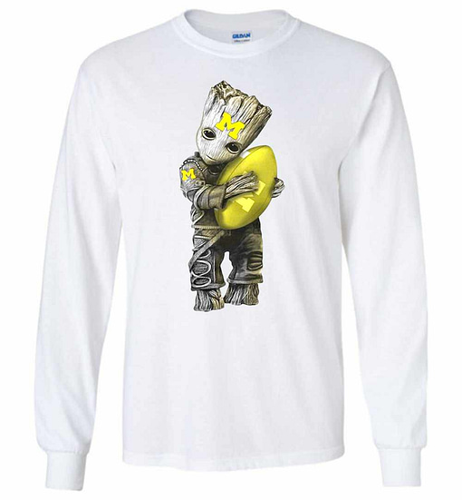 Inktee Store - Baby Groot Hugs Michigan Wolverines Football Long Sleeve T-Shirt Image