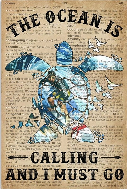 Dictionary Surfing Turtle Ocean Calling Unframed / Wrapped Canvas Wall Decor Poster