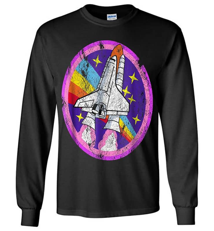 Nasa Space Cool Distressed Rocket Rainbow Patch Long Sleeve T-shirt