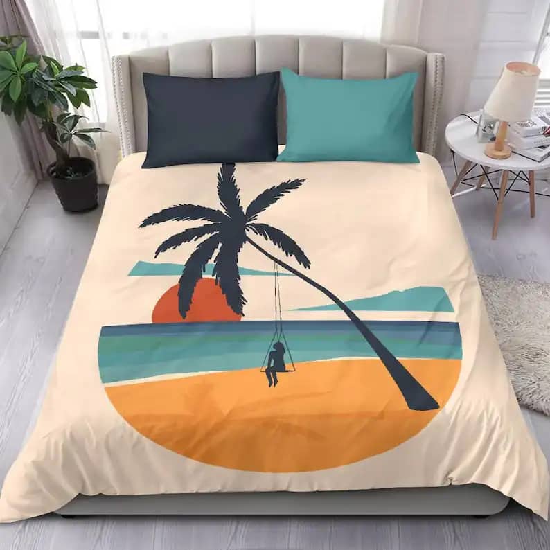 Abstract Colorful Beach Landscape Art Print Bed Set With Lovely Swing Chair By The Beach Quilt Bedding Sets