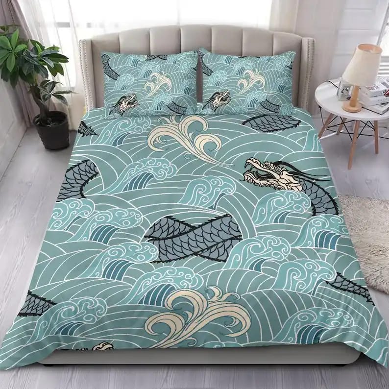 Blue Oriental Japanese Dragon Quilt Bedding Sets