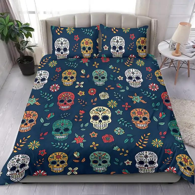 Colourful And Joyful Dia De Muerto Skulls And Flowers Quilt Bedding Sets