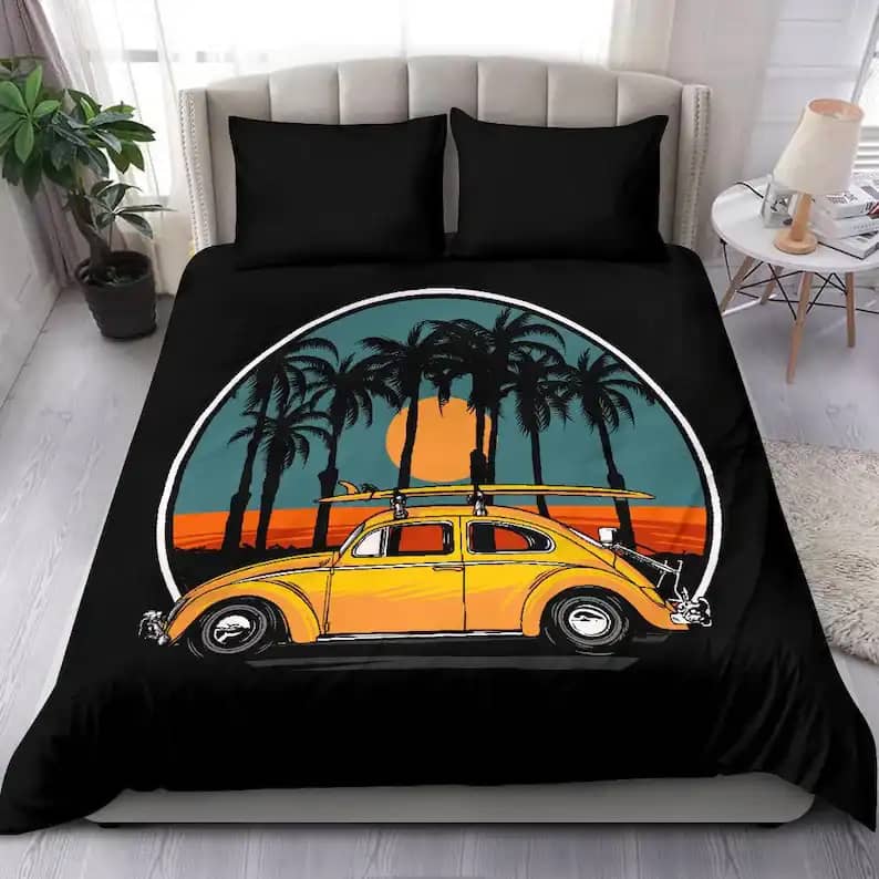 Cool California Summer Style Bed Set Beetle Car With Nice Sunset Background Palm Tree And Surf Board Quilt Bedding Sets