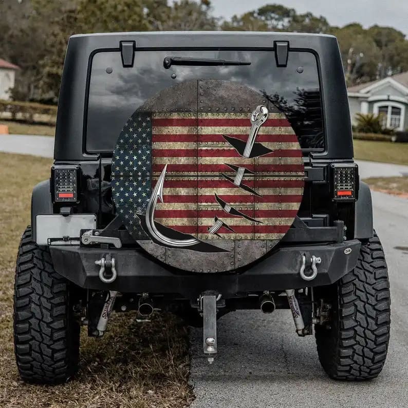 Fishing Hook American Flag Tire Cover
