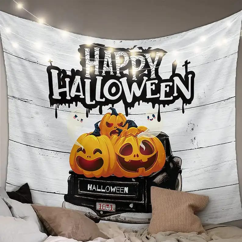 Happy Halloween Black Truck With Pumpkins On Wood Grain Wall Art Decor Halloween Gifts Tapestry