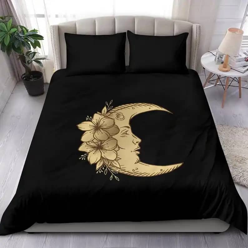 Perfect Yellow Moon With Side Face And Flowers Artistic Black Astral Sky Quilt Bedding Sets