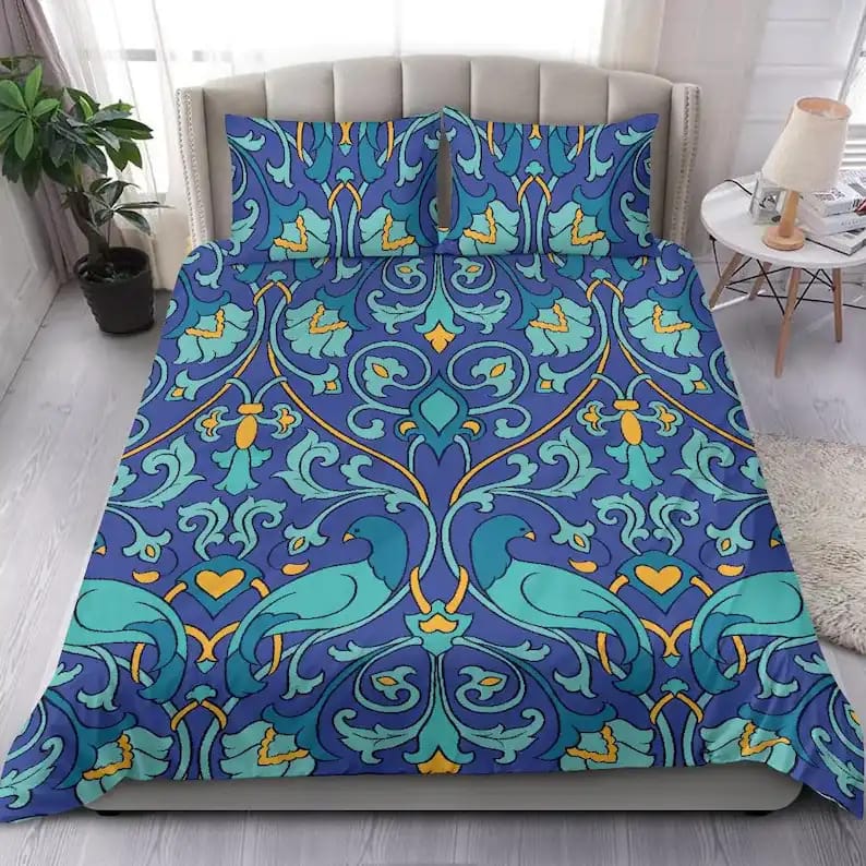 Pretty Blue Yellow And Turquoise Floral Ornamental Designer Pattern With Birds And Flower For An Amazing Blue Bedroom Decor Quilt Bedding Sets