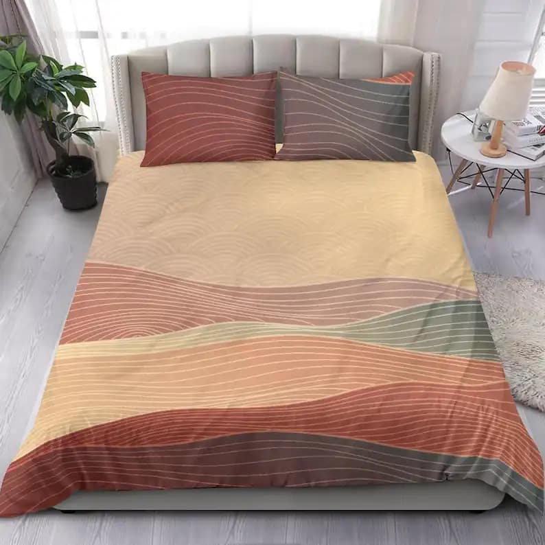 Warm Red And Orange Japanese Design With Lines And Waves Pattern Quilt Bedding Sets