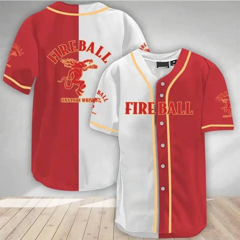 White And Red Split Fireball Whisky Party Custom Baseball Jersey