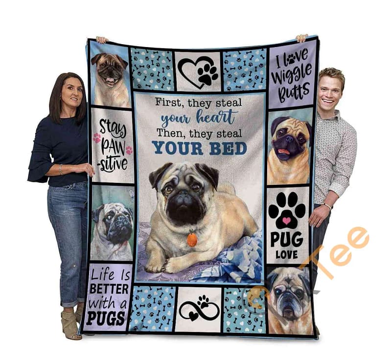 First They Steal Your Heart Then They Steal Your Bed Pug Dog Ultra Soft Cozy Plush Fleece Blanket