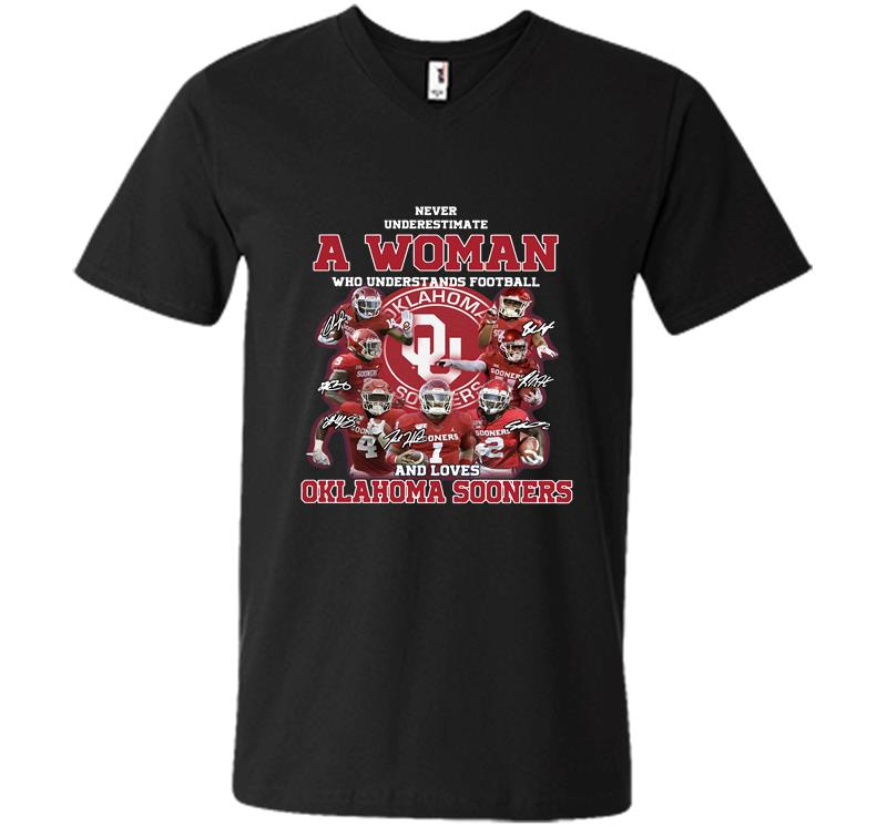 A Woman Who Understands Football And Loves Oklahoma Sooners Signature V-neck T-shirt