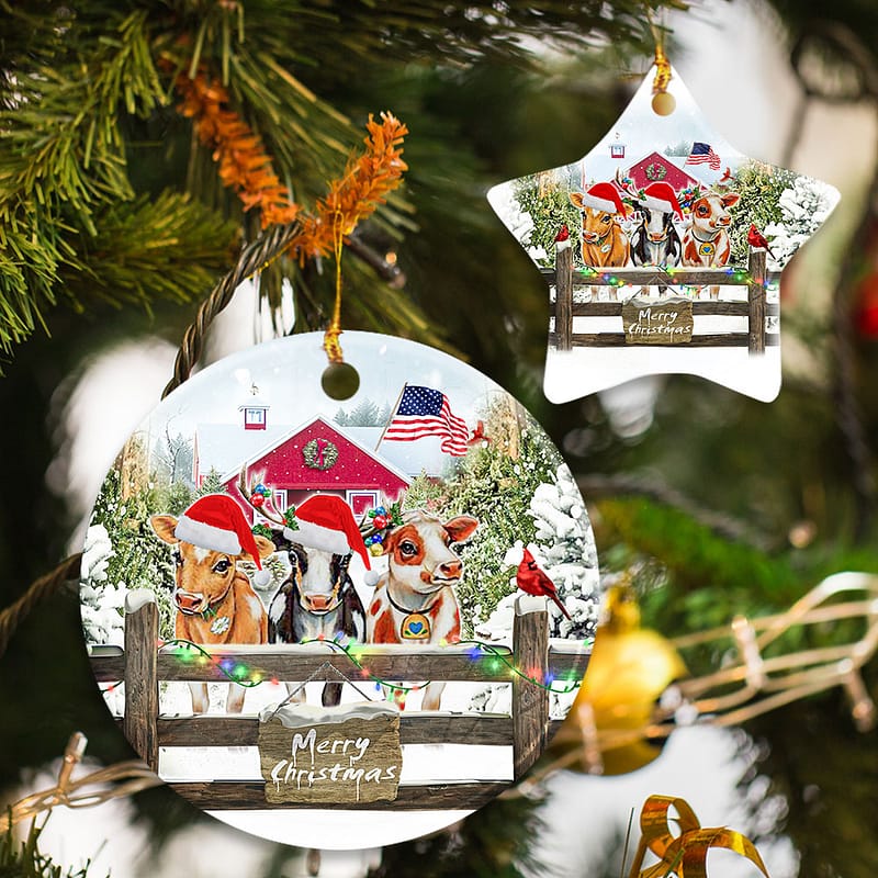 Cows Farm Merry Christmas Ceramic Circle Ornament Personalized Gifts