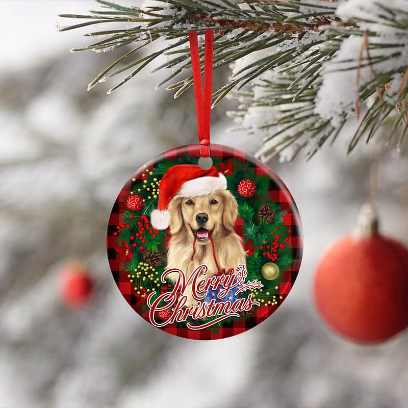 Golden Retriever Wreath Christmas Ceramic Circle Ornament Personalized Gifts