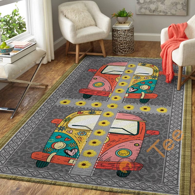 Colorful Hippie Van And Sunflowers Floor Decor Soft Living Room Bedroom Carpet Highlight For Home Cute Sunflower Rug