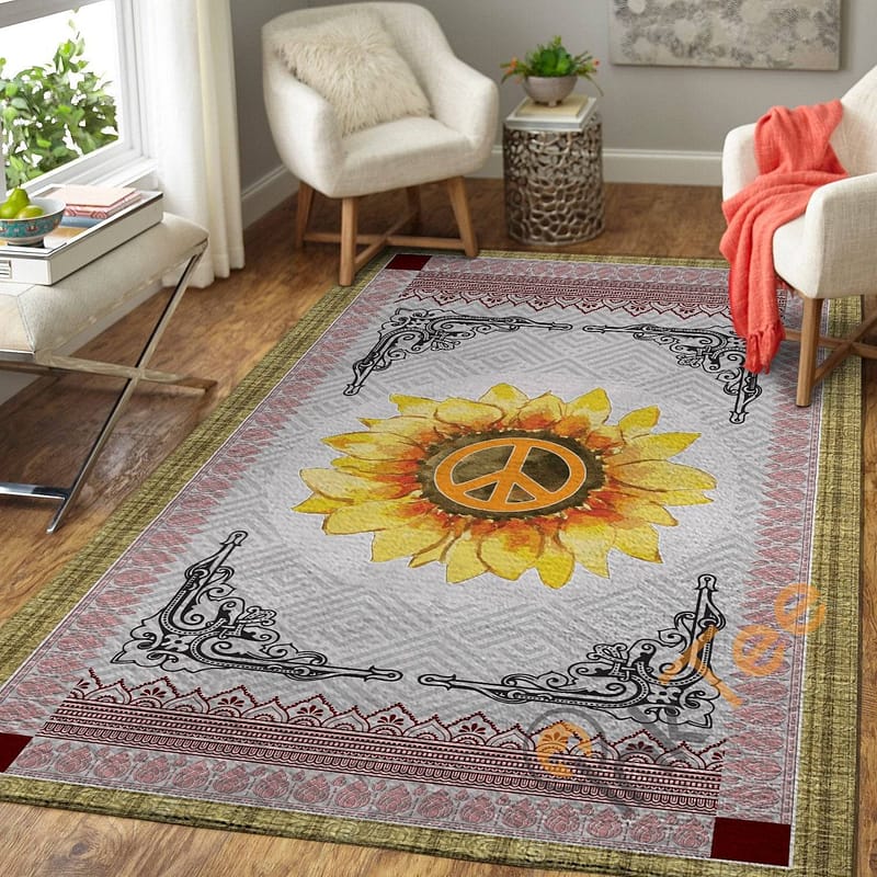The Sunflower And Peace Sign In Mandala Pattern Hippie Soft Livingroom Bedroom Carpet Highlight For Home Rug