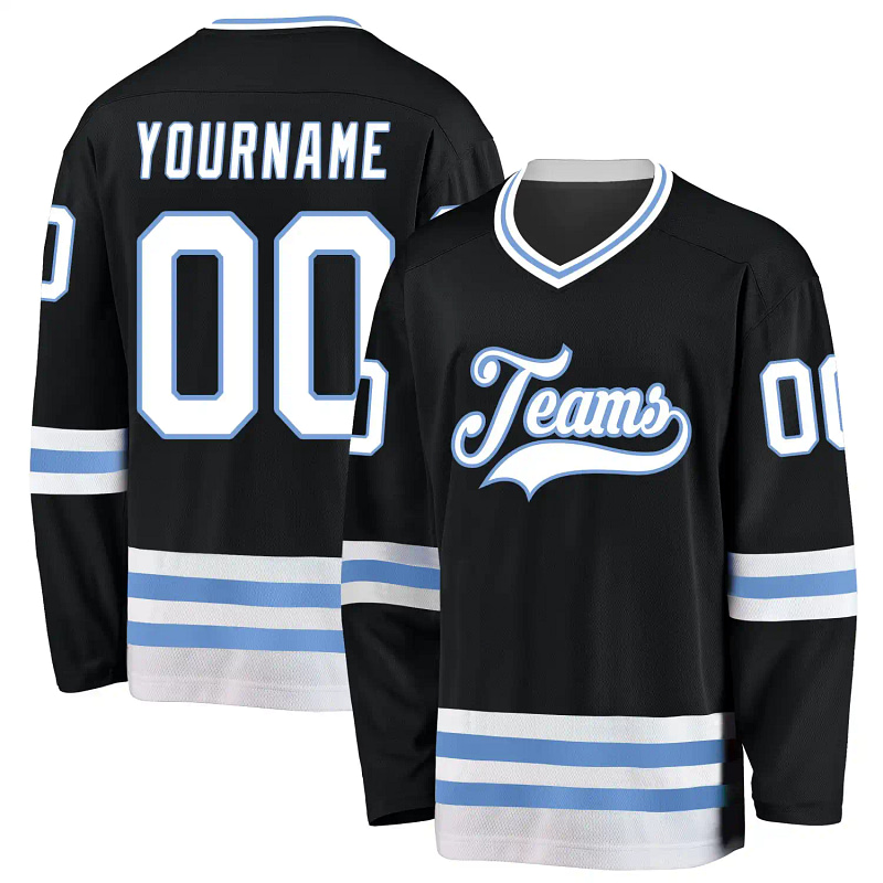 Stitched And Print Black White-light Blue Hockey Jersey Custom