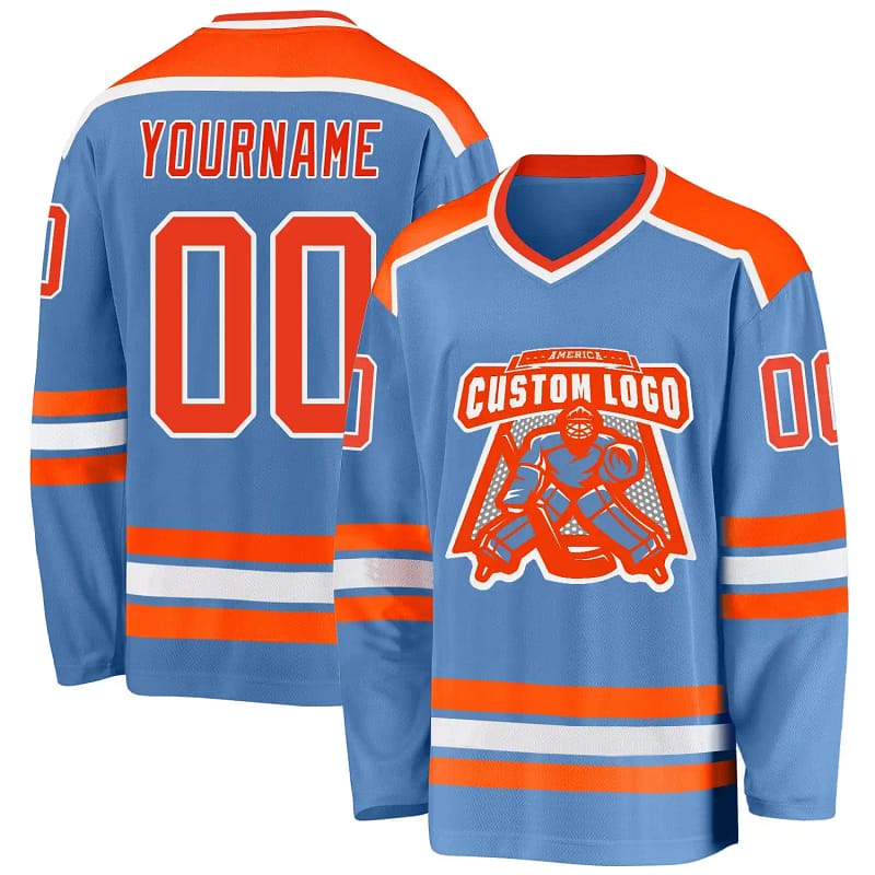 Stitched And Print Light Blue Orange-white Hockey Jersey Custom
