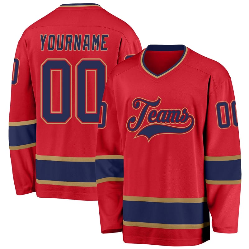 Stitched And Print Red Navy-old Gold Hockey Jersey Custom