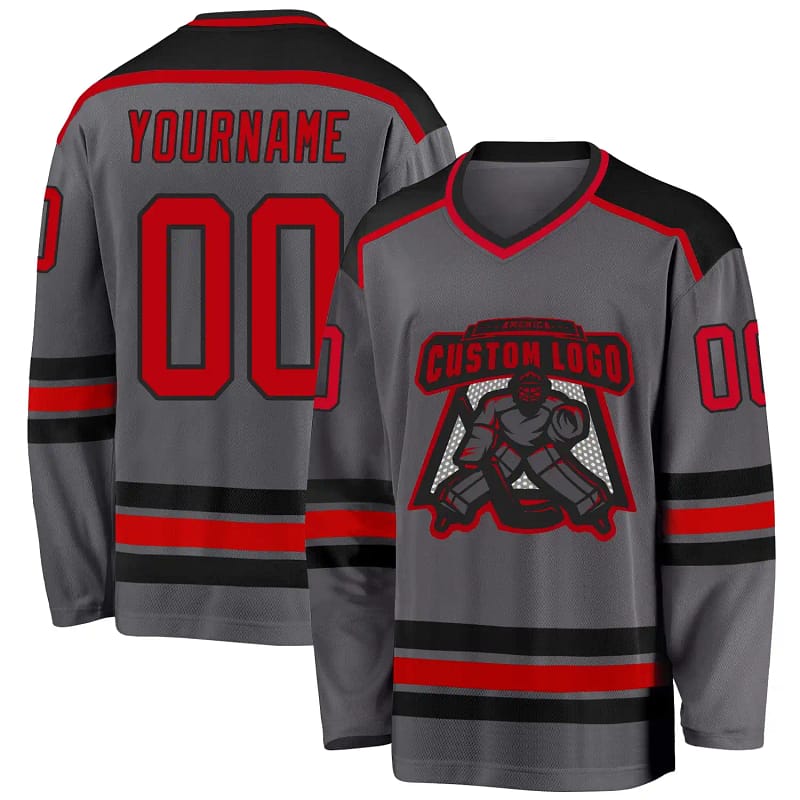 Stitched And Print Steel Gray Red-black Hockey Jersey Custom