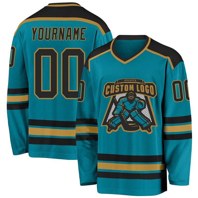 Stitched And Print Teal Black-old Gold Hockey Jersey Custom