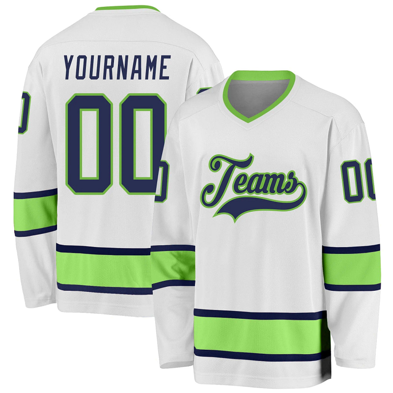 Stitched And Print White Navy-neon Green Hockey Jersey Custom