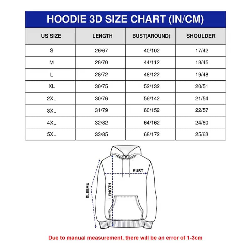 Pullover 3d Hoodie Size Chart