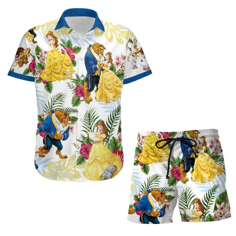Beauty & Beast Disney Summer Tropical Print Vacation Shorts Set Unisex Cartoon Graphic Outfits Men Women Hawaiian shirts