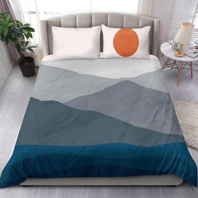 Contemporary Blue Landscape Of The Ocean With High Mountain And Full Orange Sunset Quilt Bedding Sets