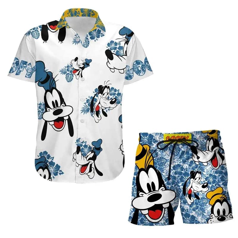 Goofy Dog Hibiscus Disney Summer Tropical Print Vacation Shorts Set Unisex Cartoon Graphic Outfits Men Women Hawaiian shirts