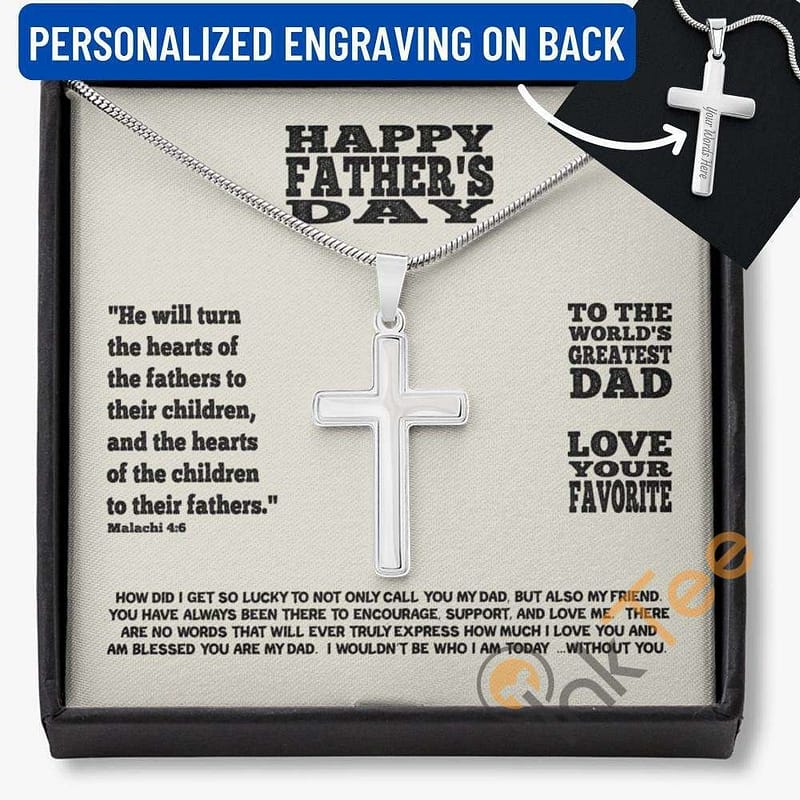 Happy Father's Day Gift From Your Favorite Son Daughter Personalized Engraving On Back For Dad Cross Necklace Personalized Gifts