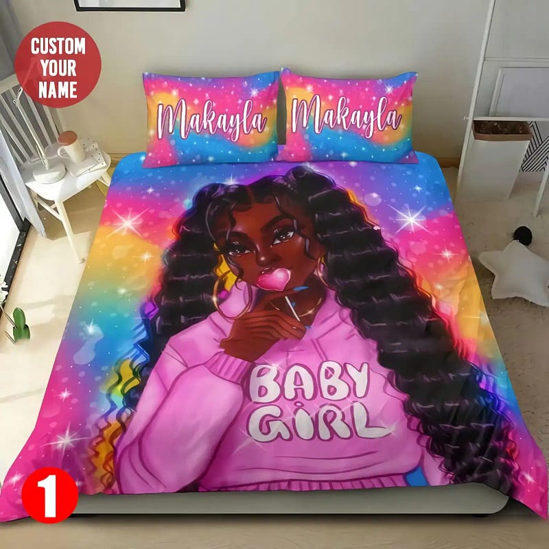 Personalized Black Girl Cute Pink Custom Name Duvet Cover Set Unique Quilt Bedding Sets