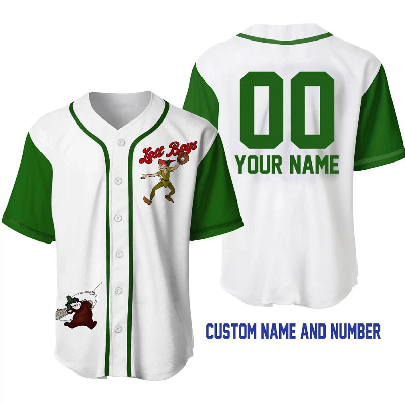 Peter Pan Lost Boys White Green Disney Unisex Cartoon Graphic Casual Outfits Custom Personalized Men Women Baseball Jersey