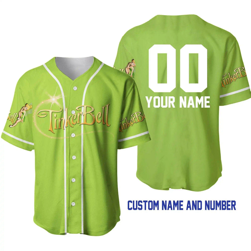Tinker Bell Lime Green White Disney Unisex Cartoon Graphic Casual Outfits Custom Personalized Men Women Baseball Jersey