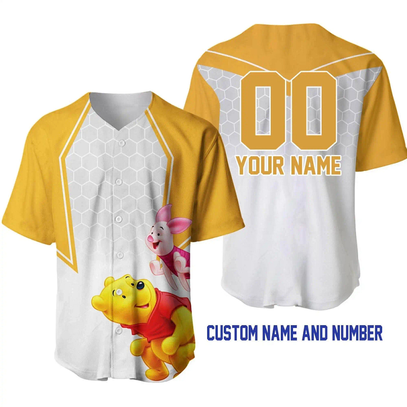Winnie Pooh Piglet Honey Golden Yellow Disney Unisex Cartoon Graphic Casual Outfits Custom Personalized Men Women Baseball Jersey