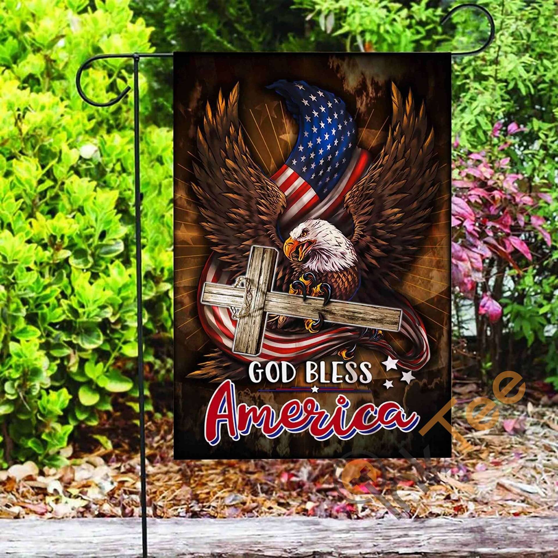 Inktee Store - Custom God Bless America Eagle Christian Cross Garden Flag Image