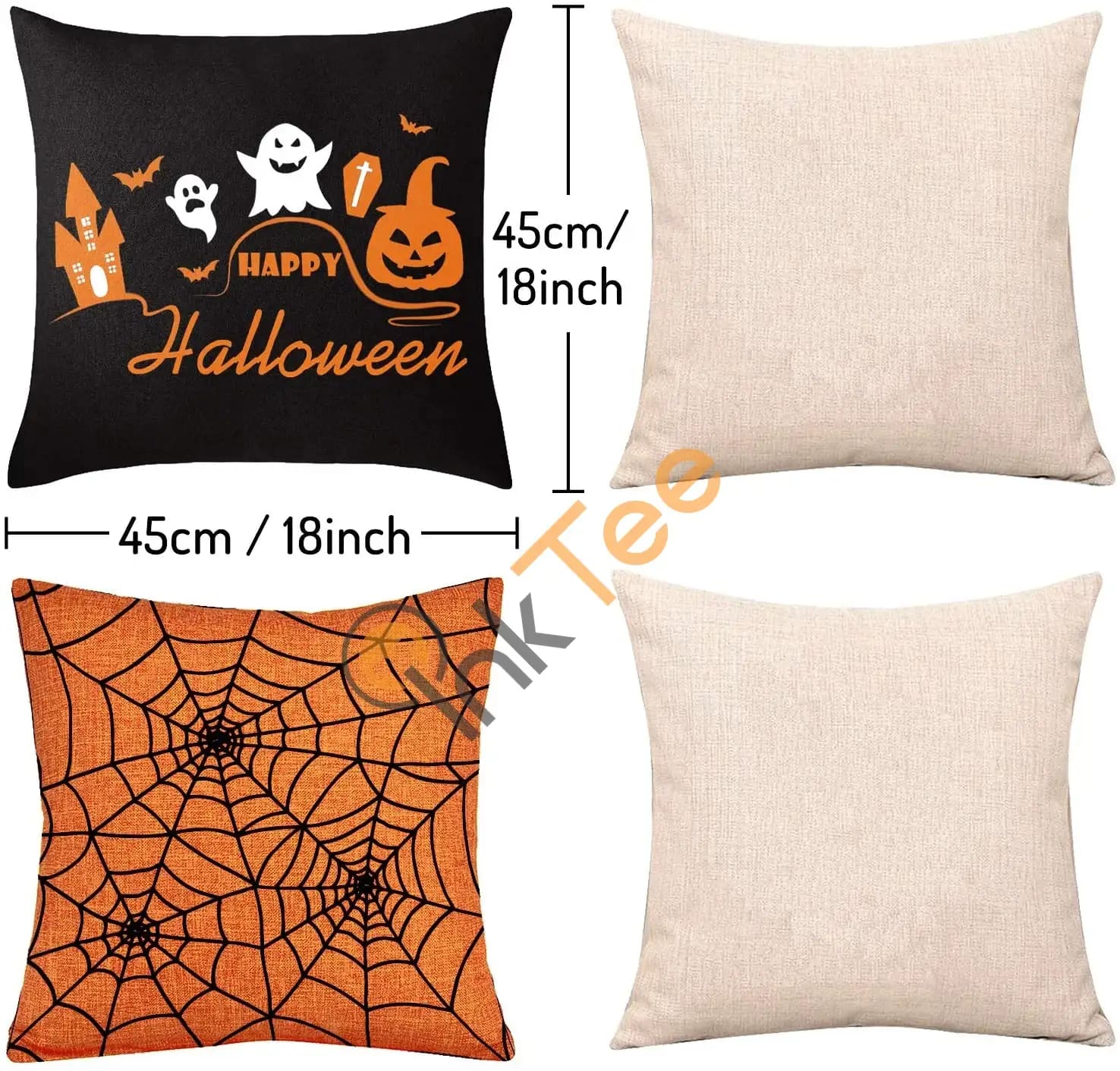 Inktee Store - 4 Pieces Halloween Pillow Case, Orange And Black Pillow Cover, Happy Halloween Linen Sofa Bed Throw Cushion Personalized Gifts Image