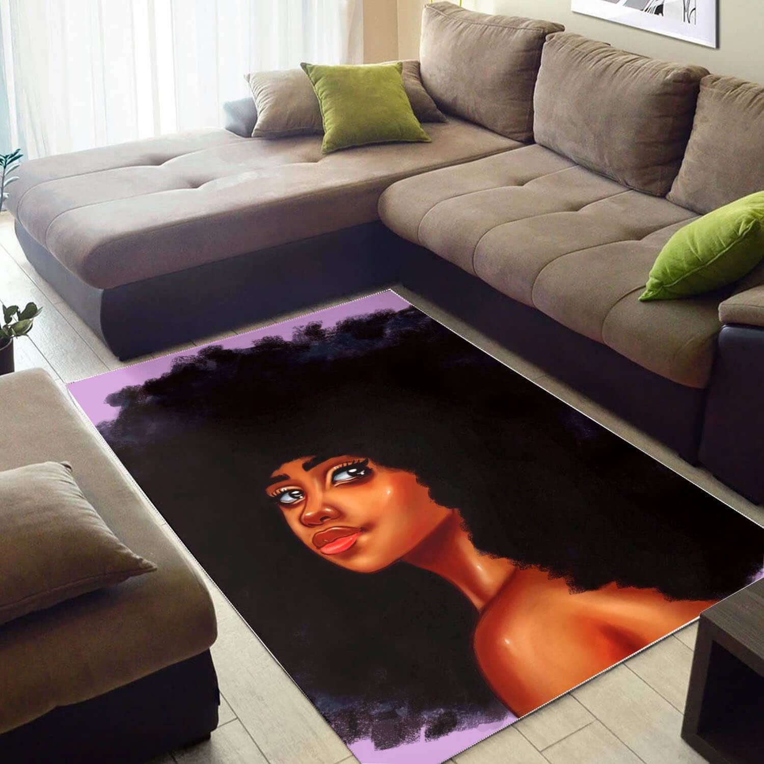 African American Pretty Afro Lady Print Modern Afrocentric Rug