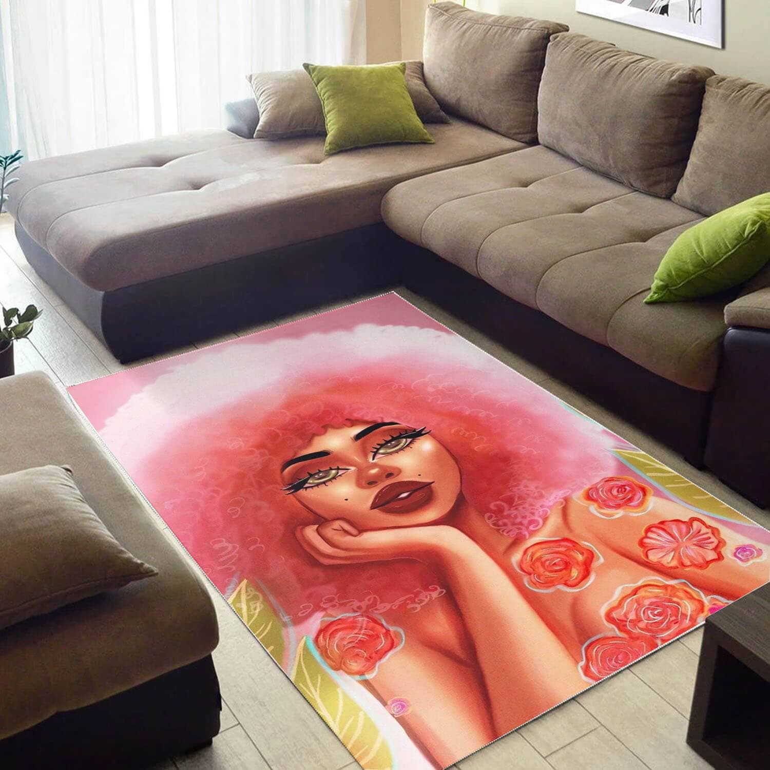 Afrocentric Beautiful Afro American Girl African Inspired Themed Living Room Rug