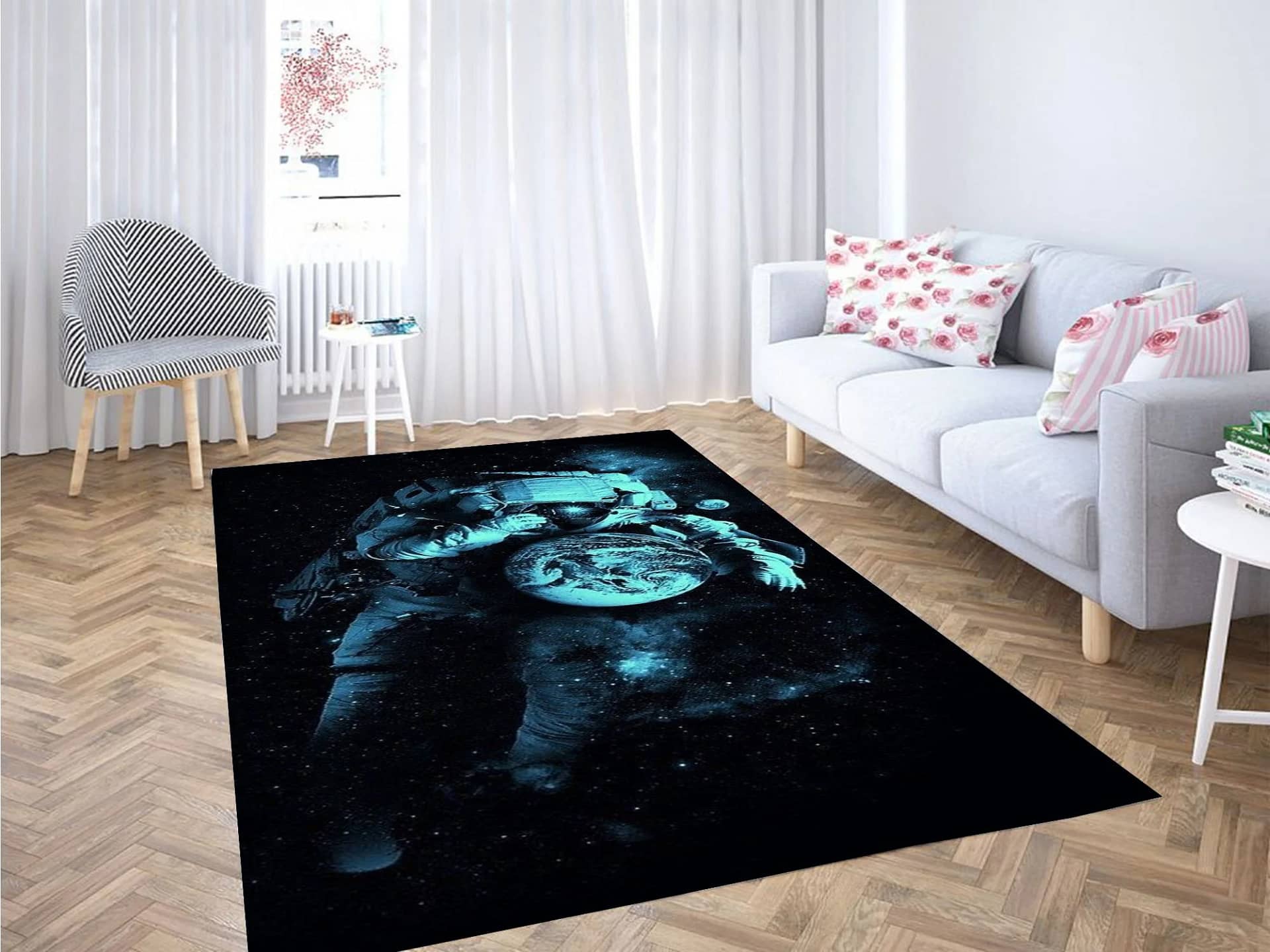 Astronaut Looking At Earth Drawing Carpet Rug