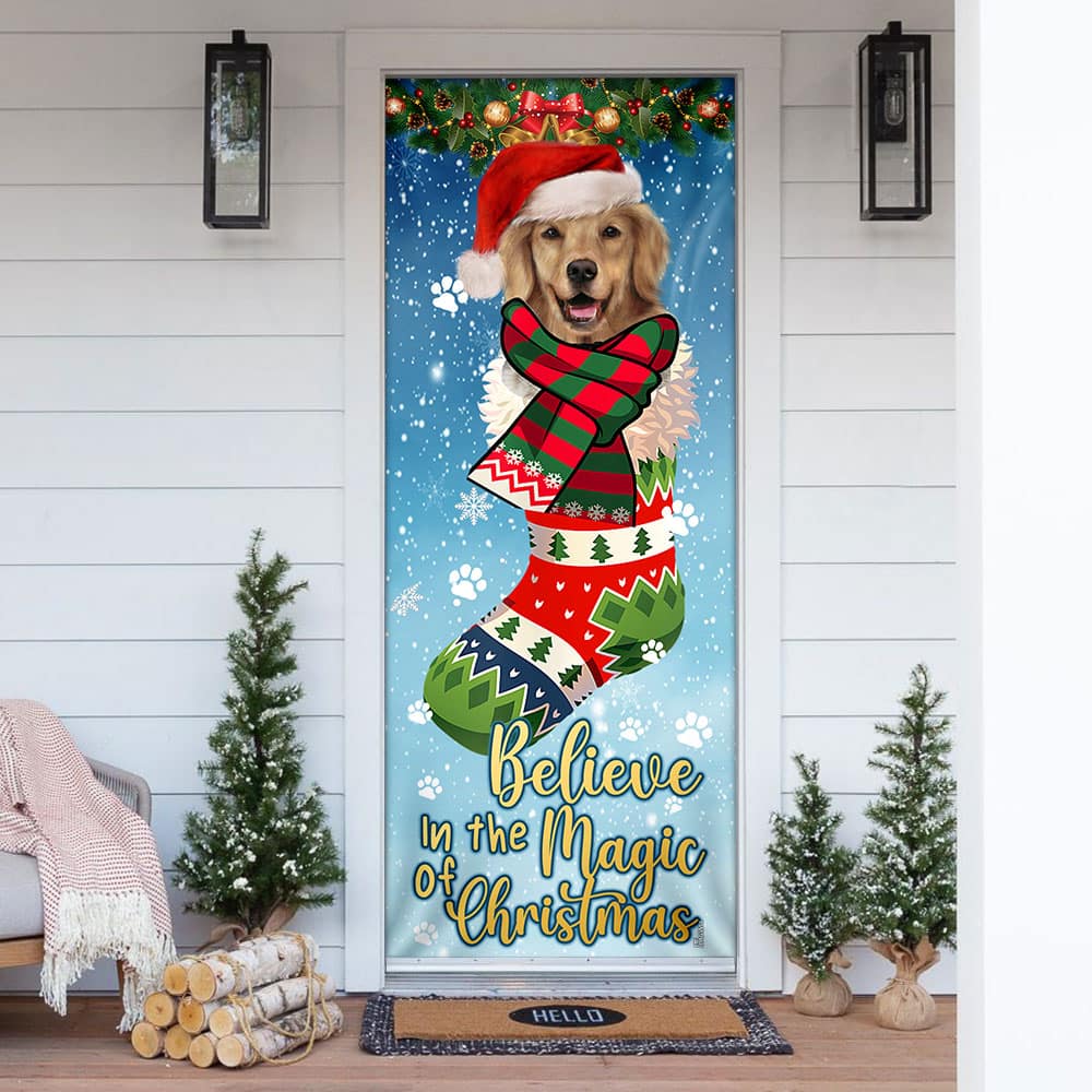 Believe In The Magic Of Christmas Golden Retriever In Sock Door Cover