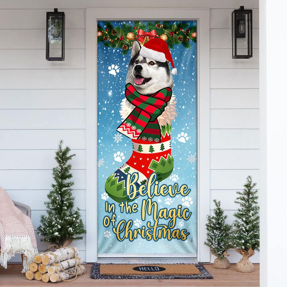 Believe In The Magic Of Christmas Husky In Sock Door Cover